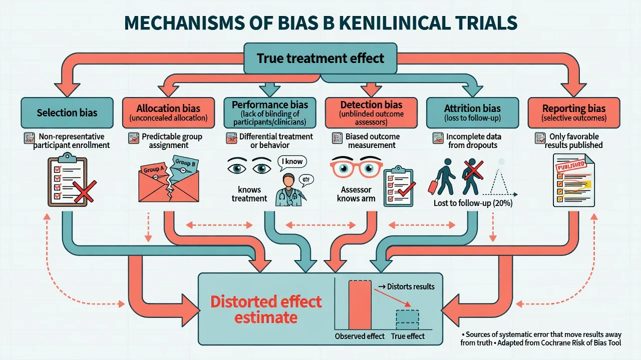 Flow diagram from true treatment effect through selection, allocation, performance, detection, attrition and reporting bias to a distorted effect estimate