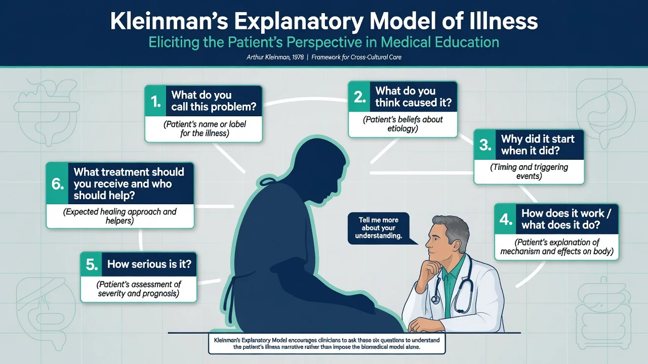 Infographic of Kleinman explanatory model questions around a patient silhouette with a listening clinician