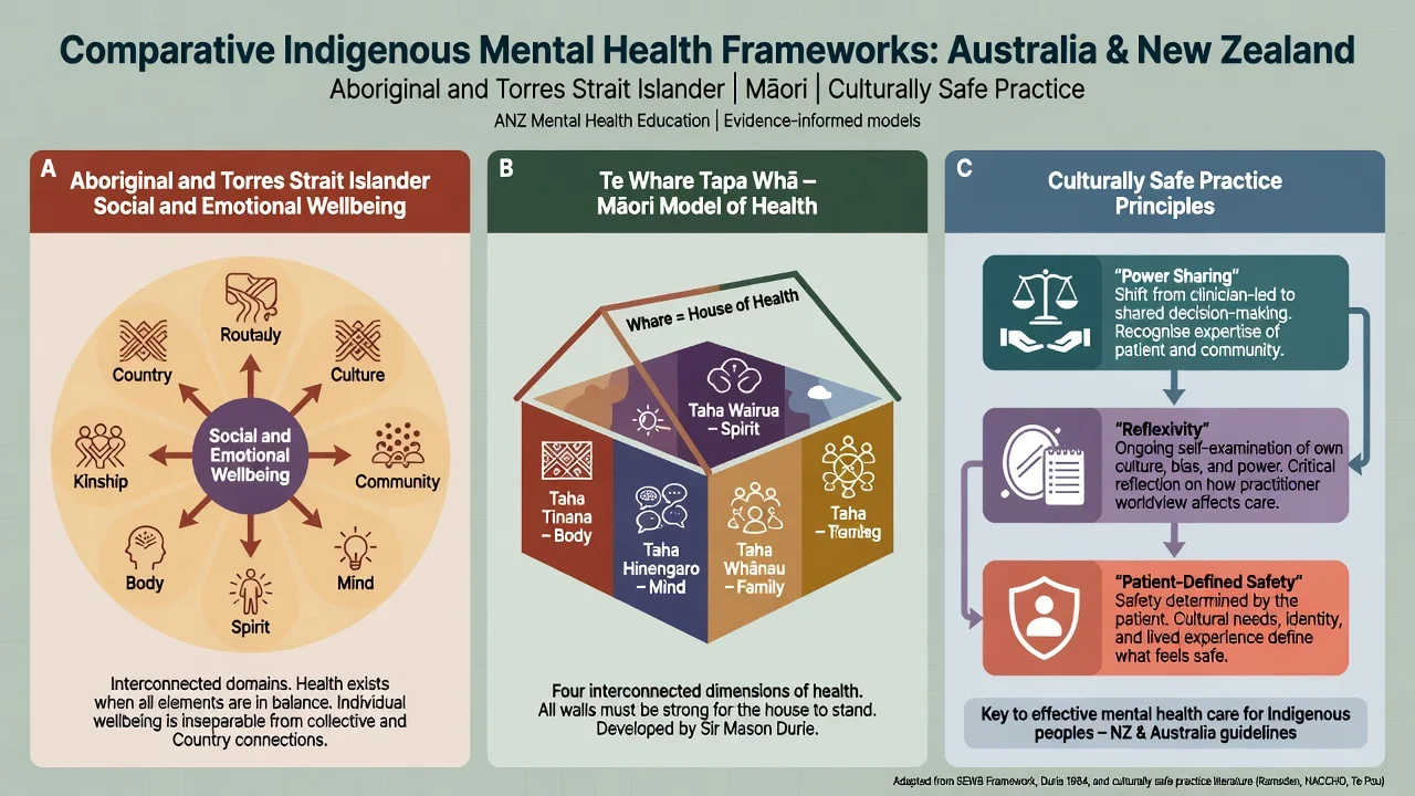 Three-panel comparison of Aboriginal and Torres Strait Islander SEWB, Te Whare Tapa Whā, and culturally safe practice principles