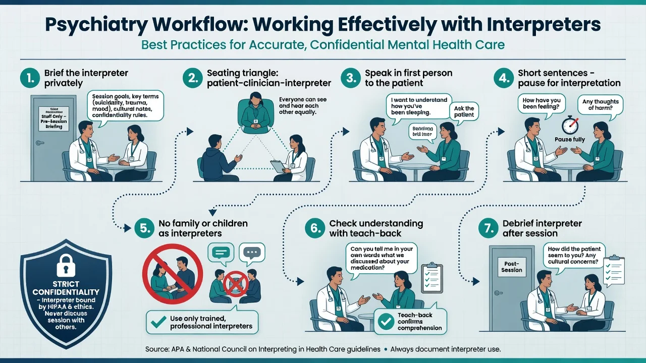 Seven-step psychiatry workflow for briefing interpreters, seating triangle, first-person speech, teach-back, and debrief