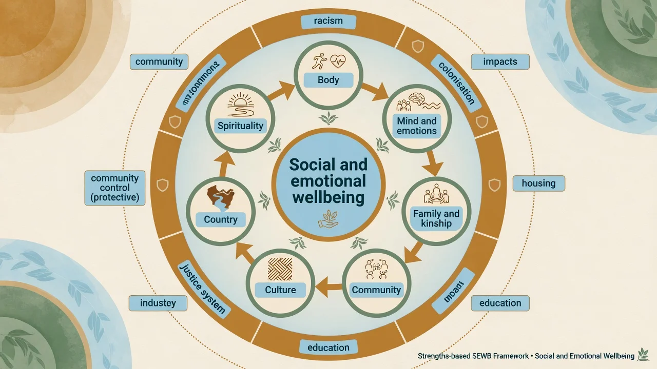 Circular diagram of social and emotional wellbeing domains surrounded by social determinants including racism and protective community control