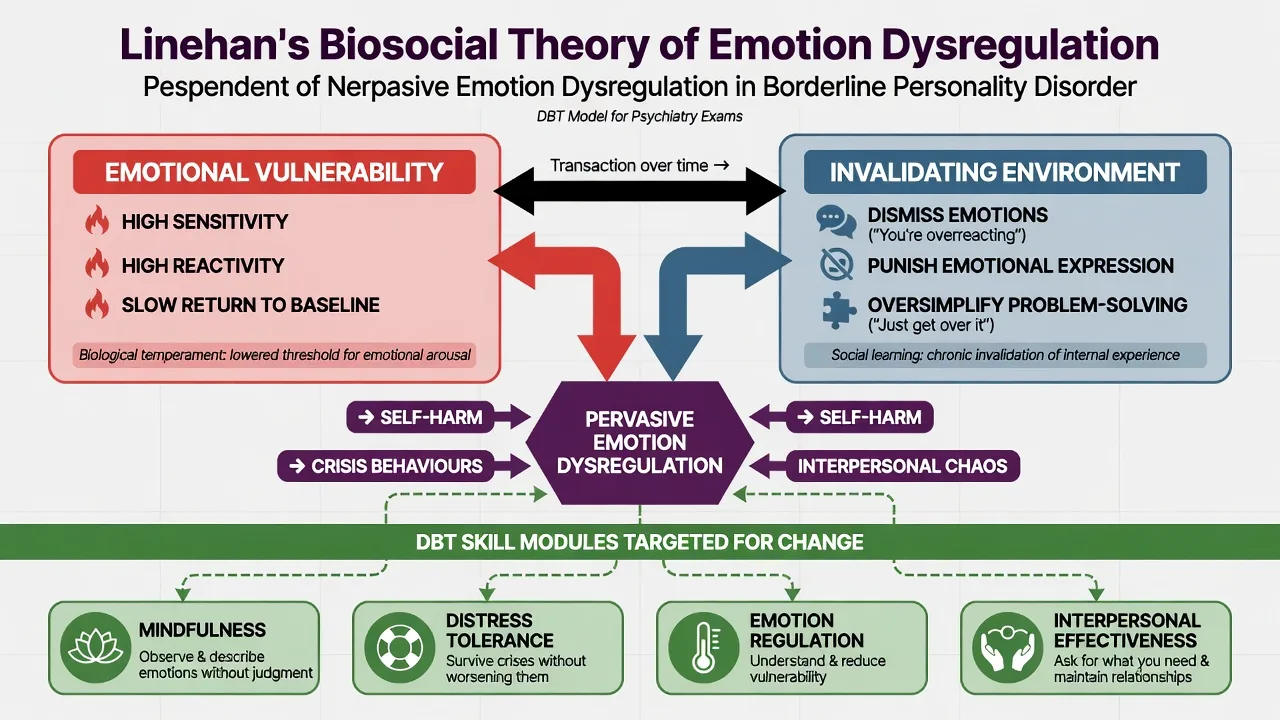 Biosocial theory diagram of emotional vulnerability and invalidating environment leading to emotion dysregulation