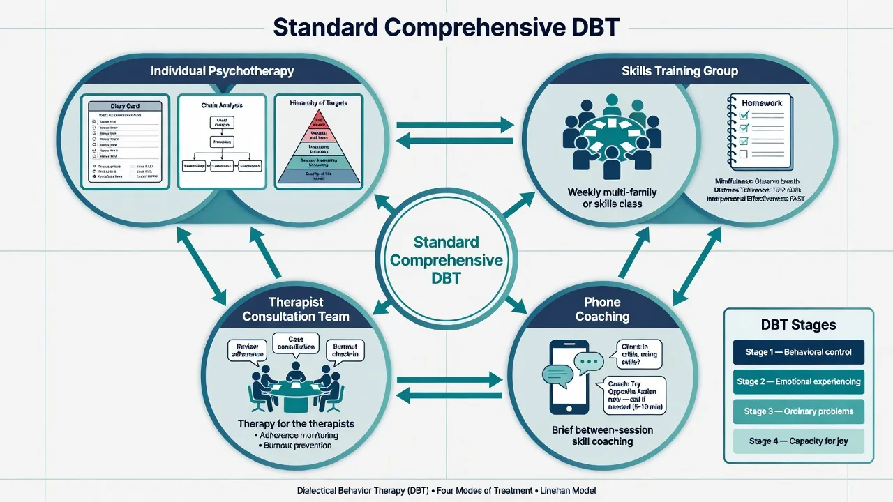 Four modes of comprehensive DBT: individual therapy, skills group, phone coaching, consultation team