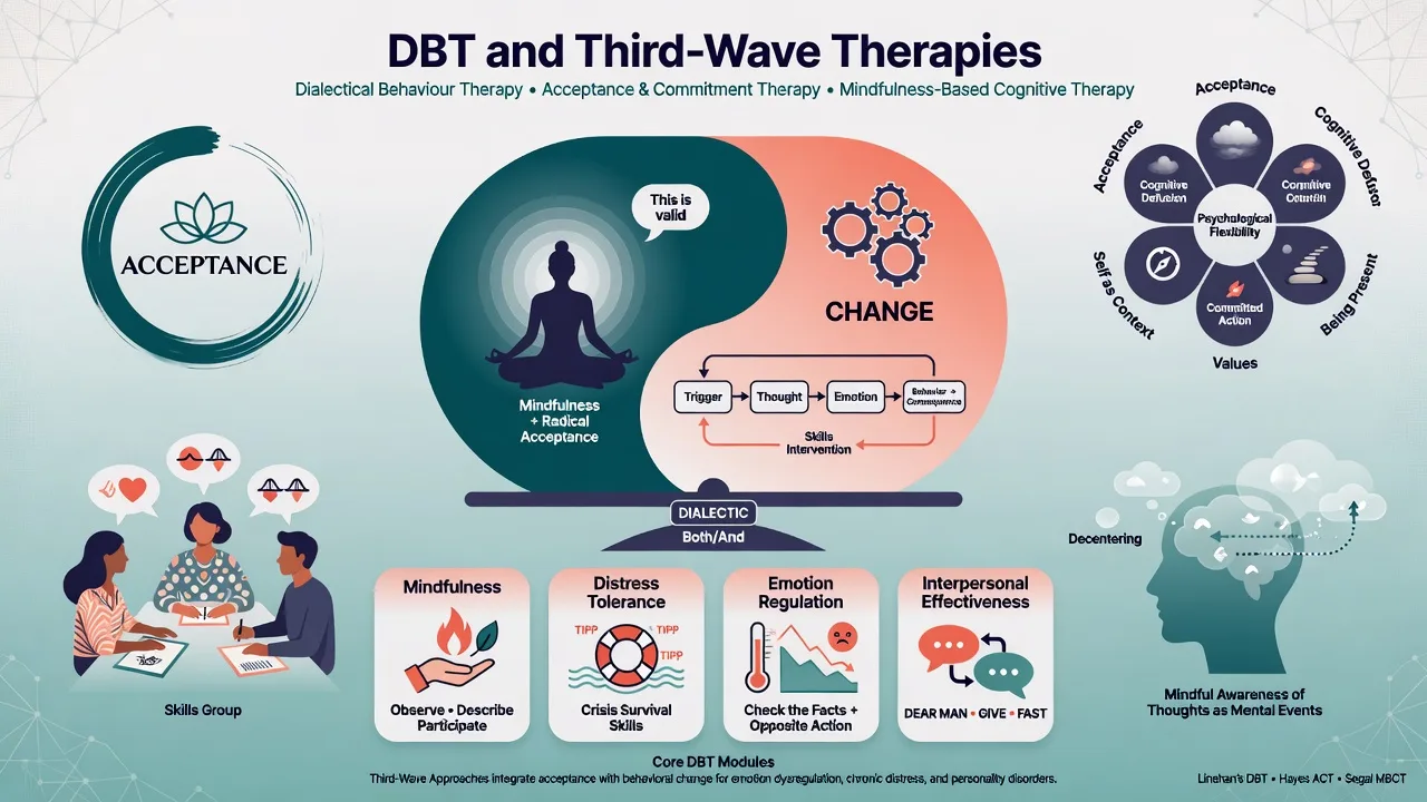 Educational poster for DBT dialectic of acceptance and change with third-wave therapy icons