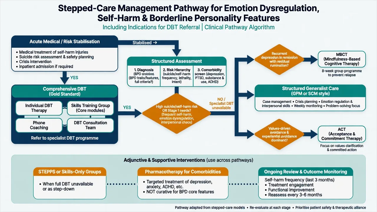 Stepped-care pathway for DBT referral, structured generalist care, ACT and MBCT