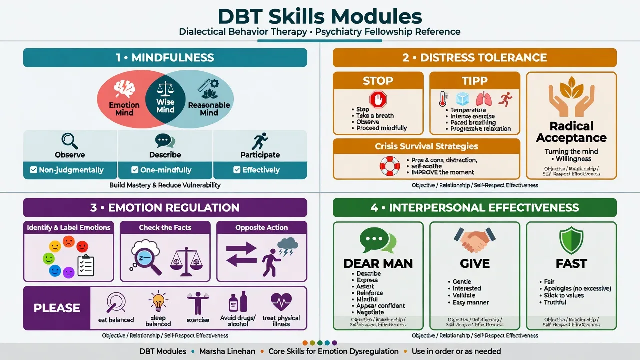 Four DBT skills modules: mindfulness, distress tolerance, emotion regulation, interpersonal effectiveness