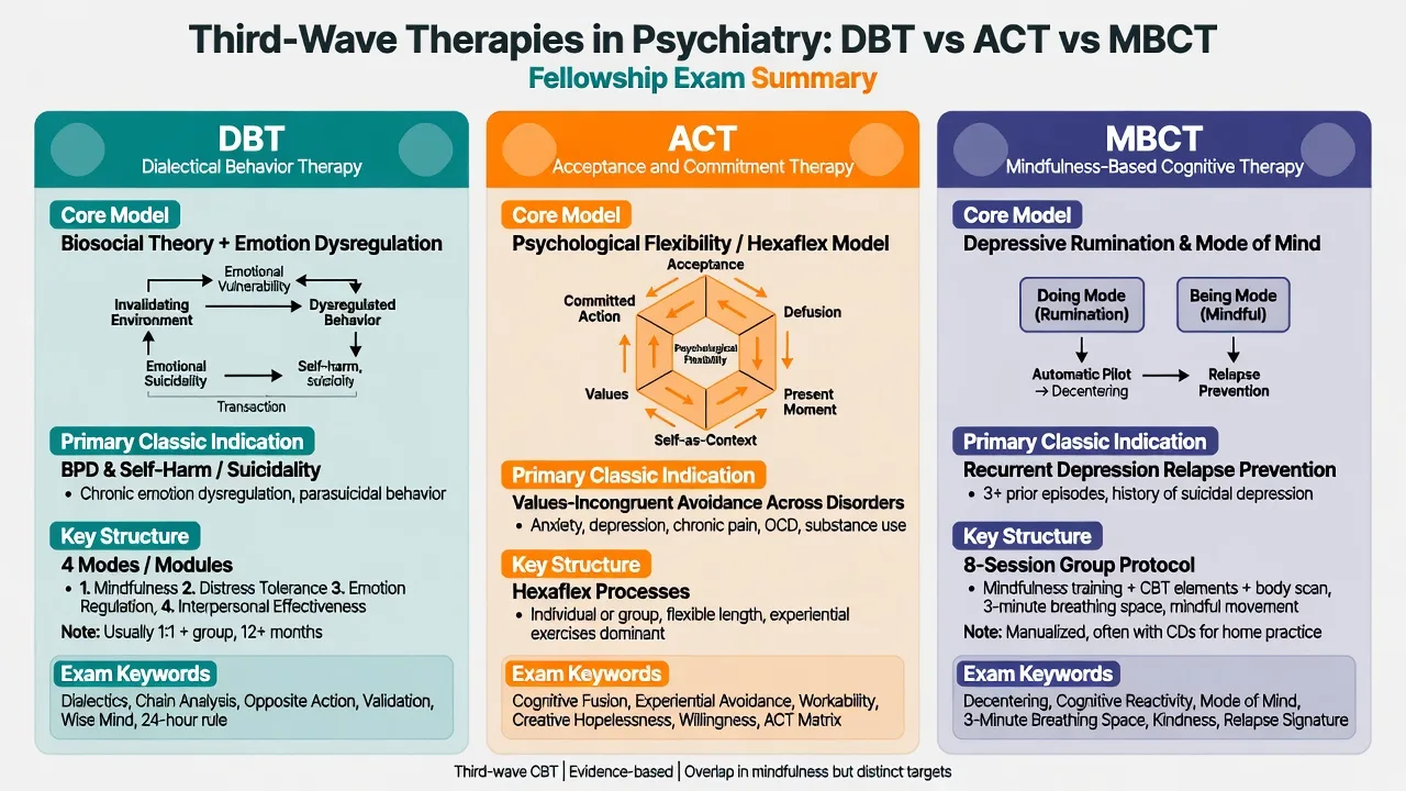 Comparison of DBT, ACT and MBCT core models and indications