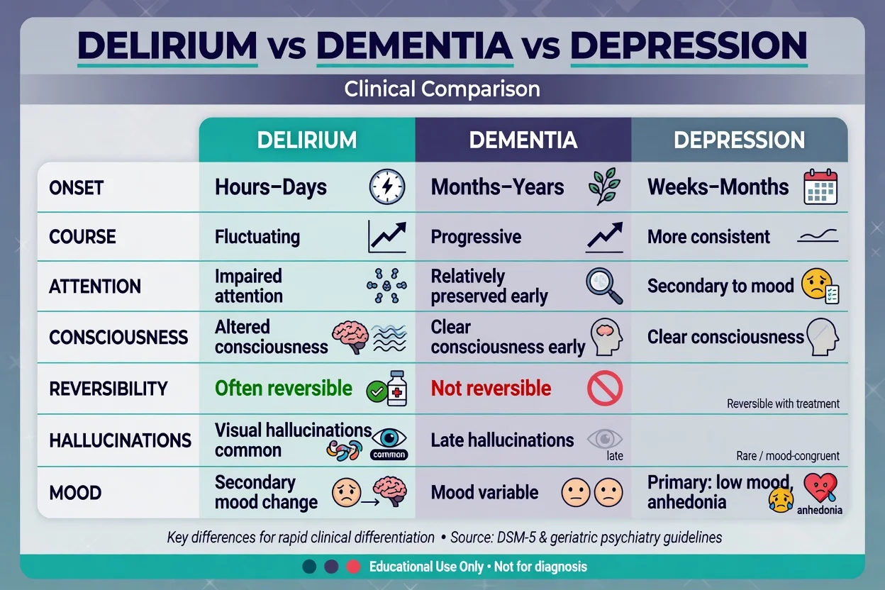 Clinical comparison table of delirium versus dementia versus depression by onset course attention consciousness and mood