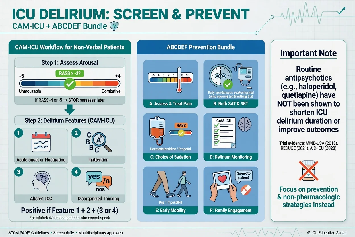 ICU delirium screening with CAM-ICU and ABCDEF prevention bundle