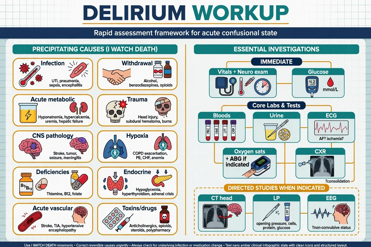 Delirium workup poster with precipitating causes and essential investigations