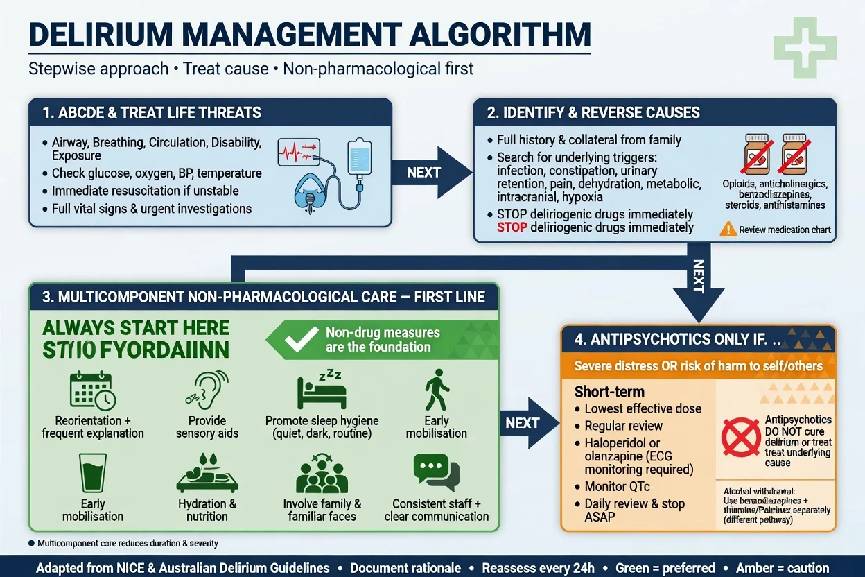 Stepwise geriatric delirium management with multicomponent non-drug care first and limited antipsychotic use