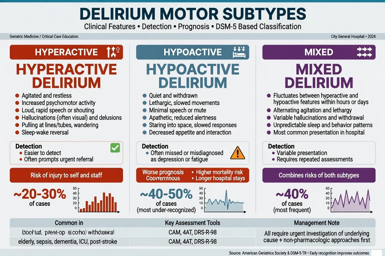 Hyperactive hypoactive and mixed delirium motor subtypes with clinical features