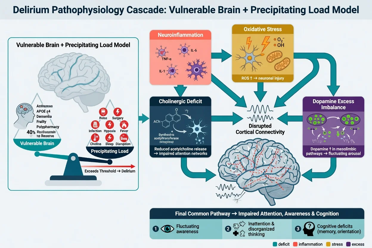 Delirium pathophysiology vulnerable ageing brain plus precipitating load with neuroinflammation and cholinergic deficit