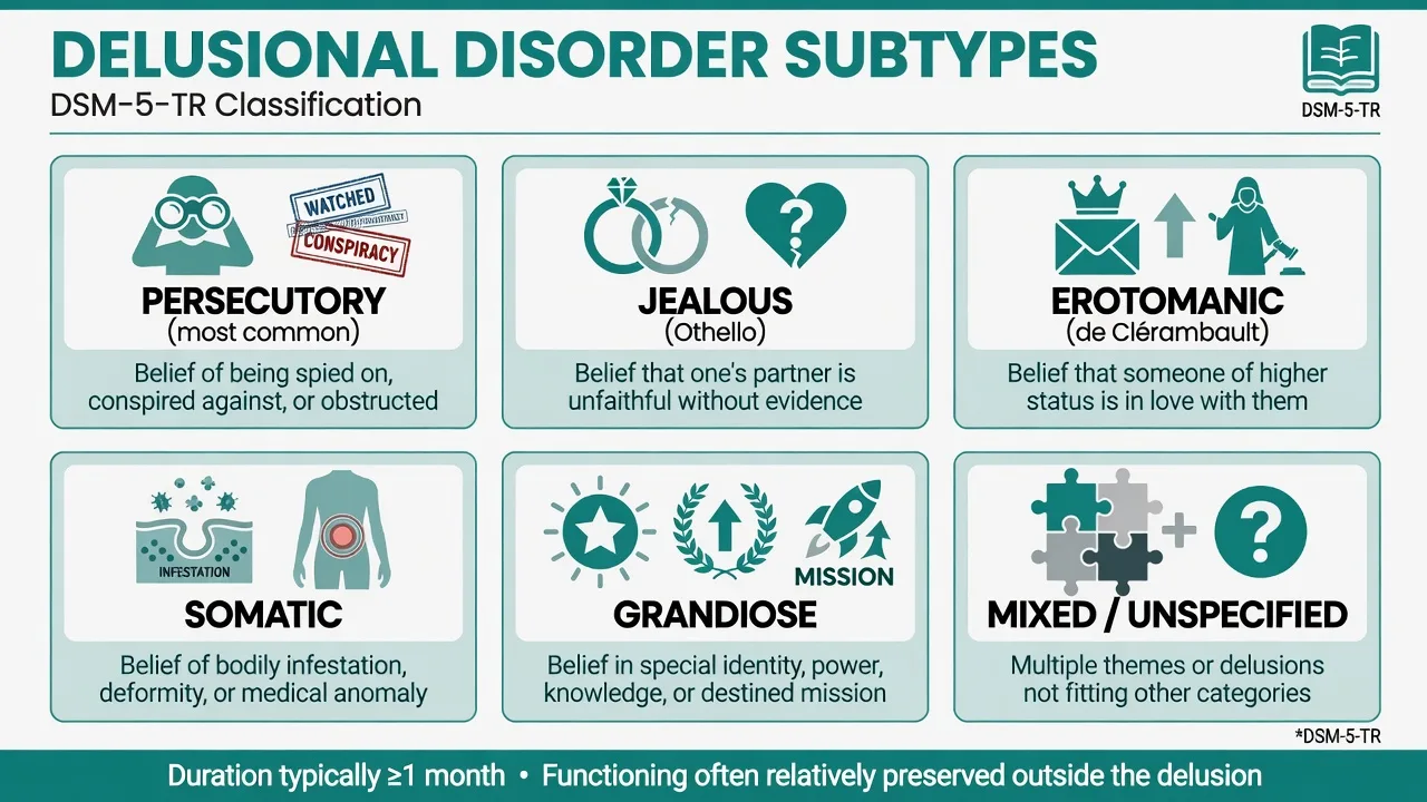 DSM-5-TR delusional disorder subtypes including persecutory, jealous, erotomanic, somatic, grandiose, mixed and unspecified