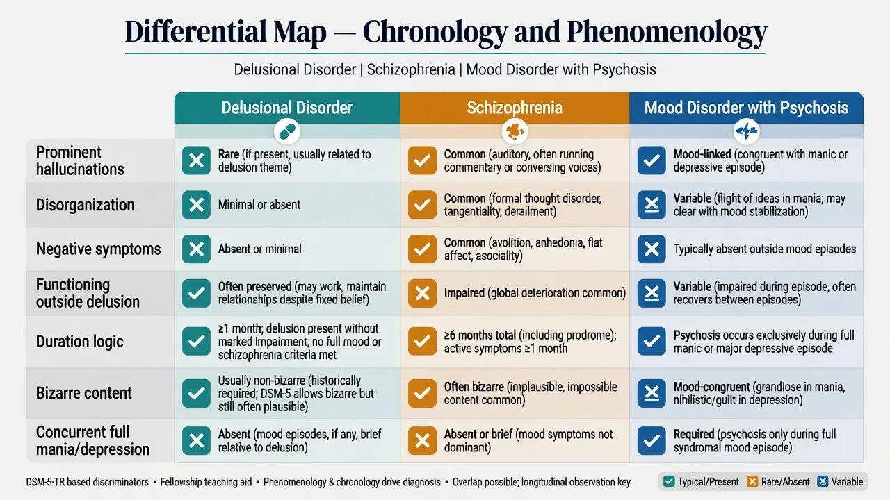 Differential map comparing delusional disorder, schizophrenia, and mood disorder with psychosis