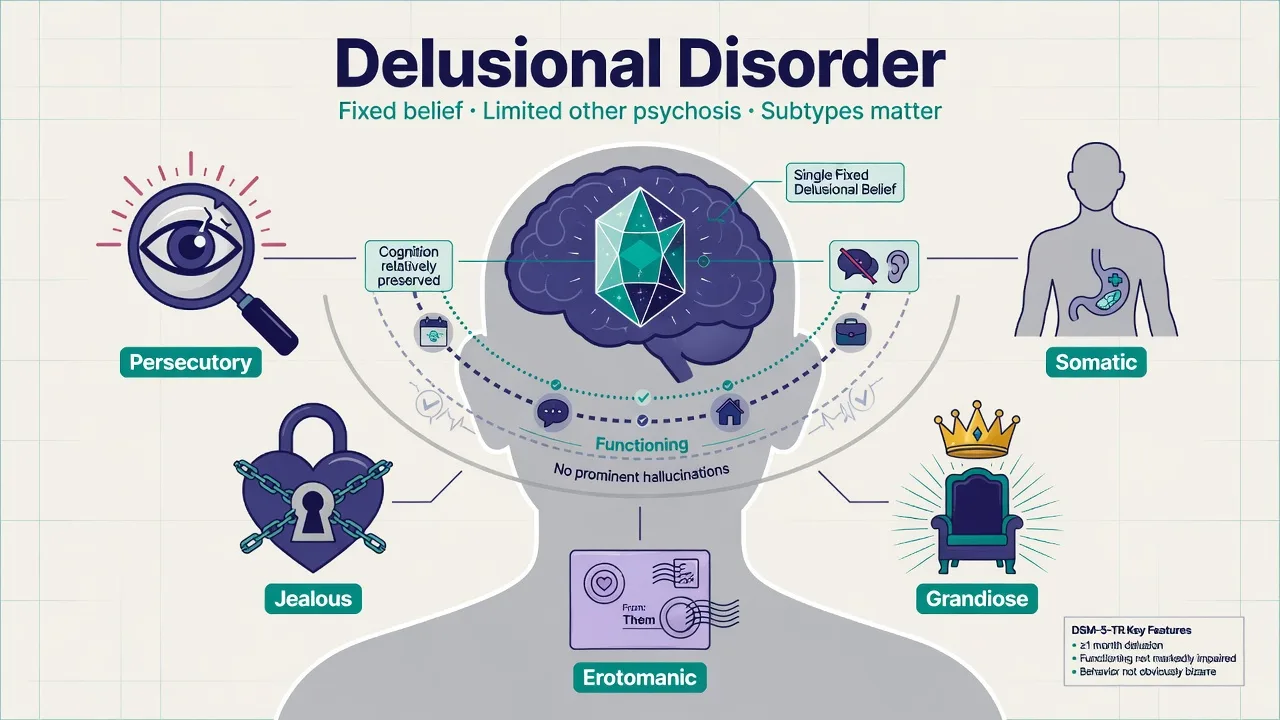 Conceptual overview of delusional disorder as fixed belief with relatively preserved function and limited other psychosis