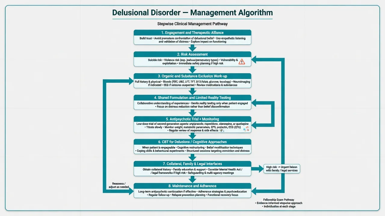 Stepwise management algorithm for delusional disorder from engagement through antipsychotic trial and maintenance