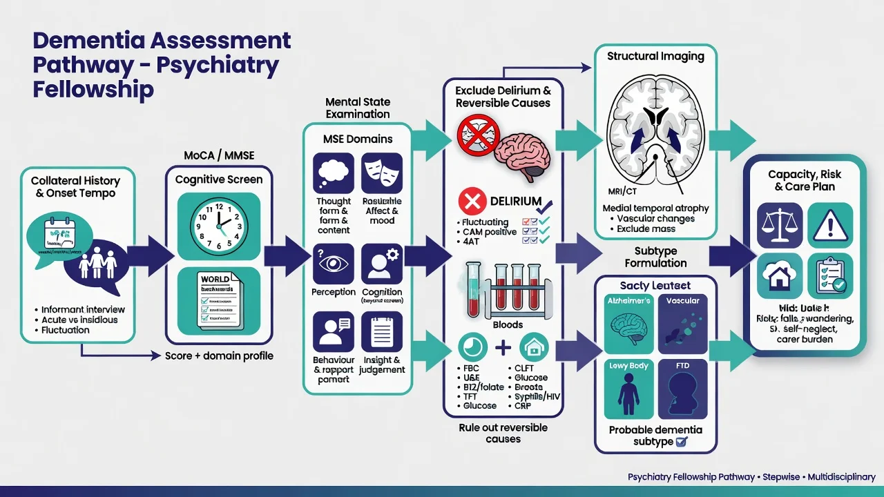 Educational pathway from collateral history and cognitive screens through delirium exclusion to subtype formulation and capacity planning