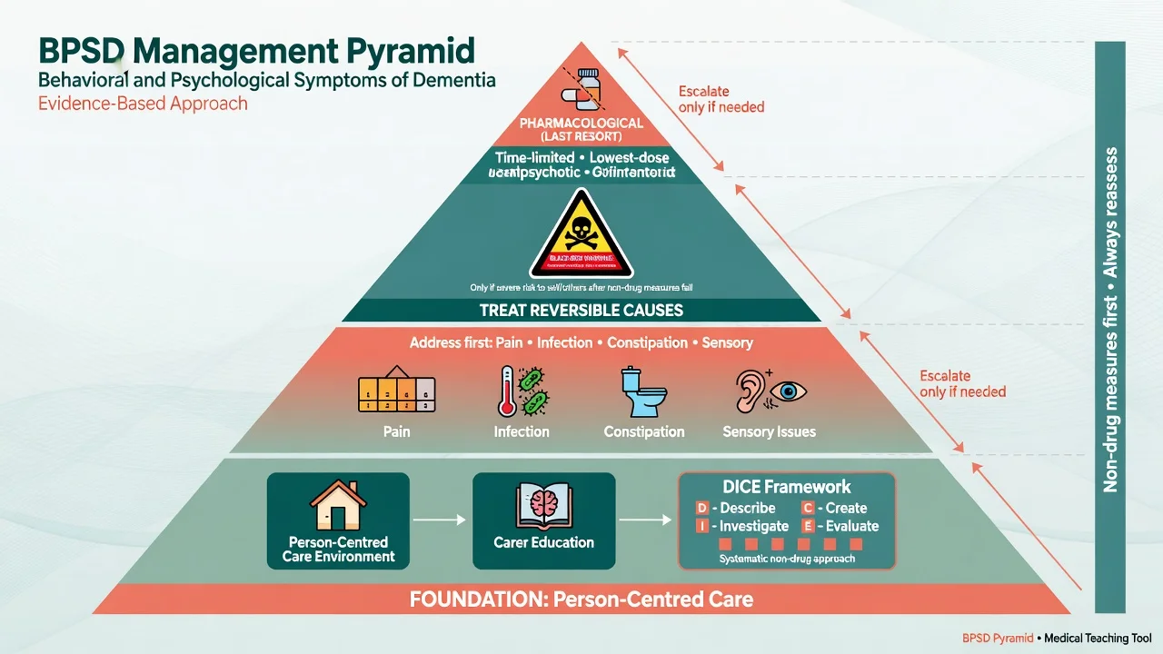 BPSD management pyramid with person-centred foundation, reversible causes, and time-limited antipsychotic apex with mortality caution
