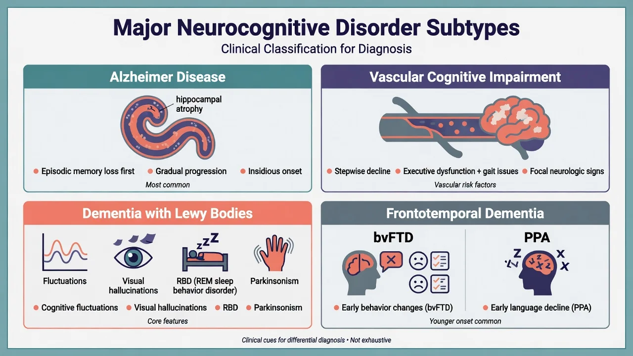 Four-panel clinical classification of major NCD subtypes: Alzheimer disease, vascular cognitive impairment, dementia with Lewy bodies, and frontotemporal dementia