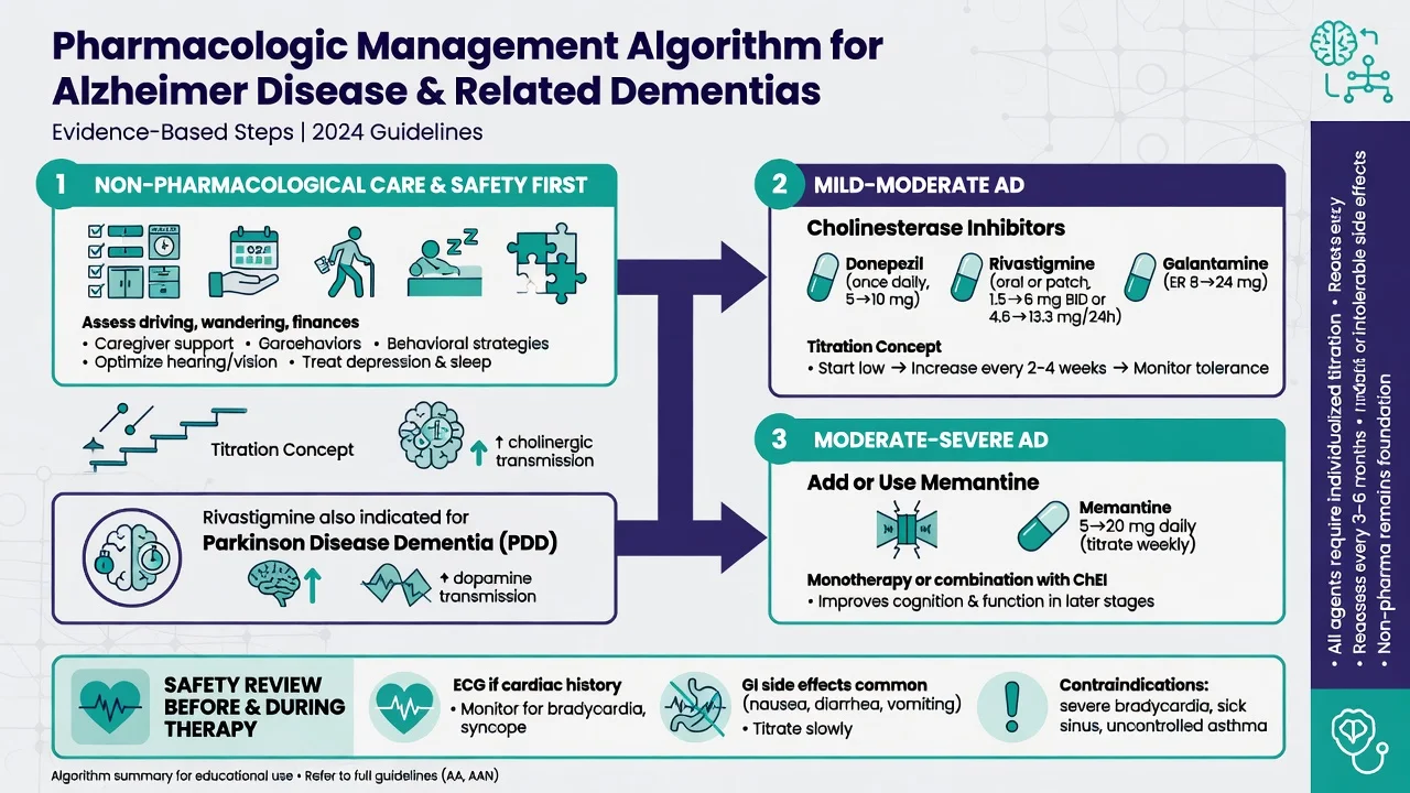 Educational algorithm for non-drug care then cholinesterase inhibitors and memantine with review points