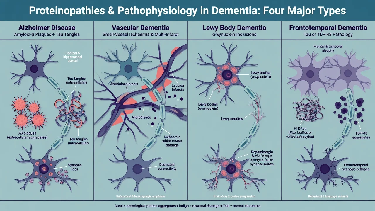Educational comparison of Alzheimer amyloid and tau, vascular ischaemic injury, Lewy alpha-synuclein, and frontotemporal proteinopathy pathways