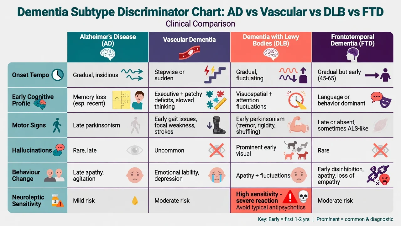 Comparison chart discriminating Alzheimer, vascular, DLB, and FTD on tempo, cognition, motor signs, hallucinations, behaviour, and neuroleptic sensitivity