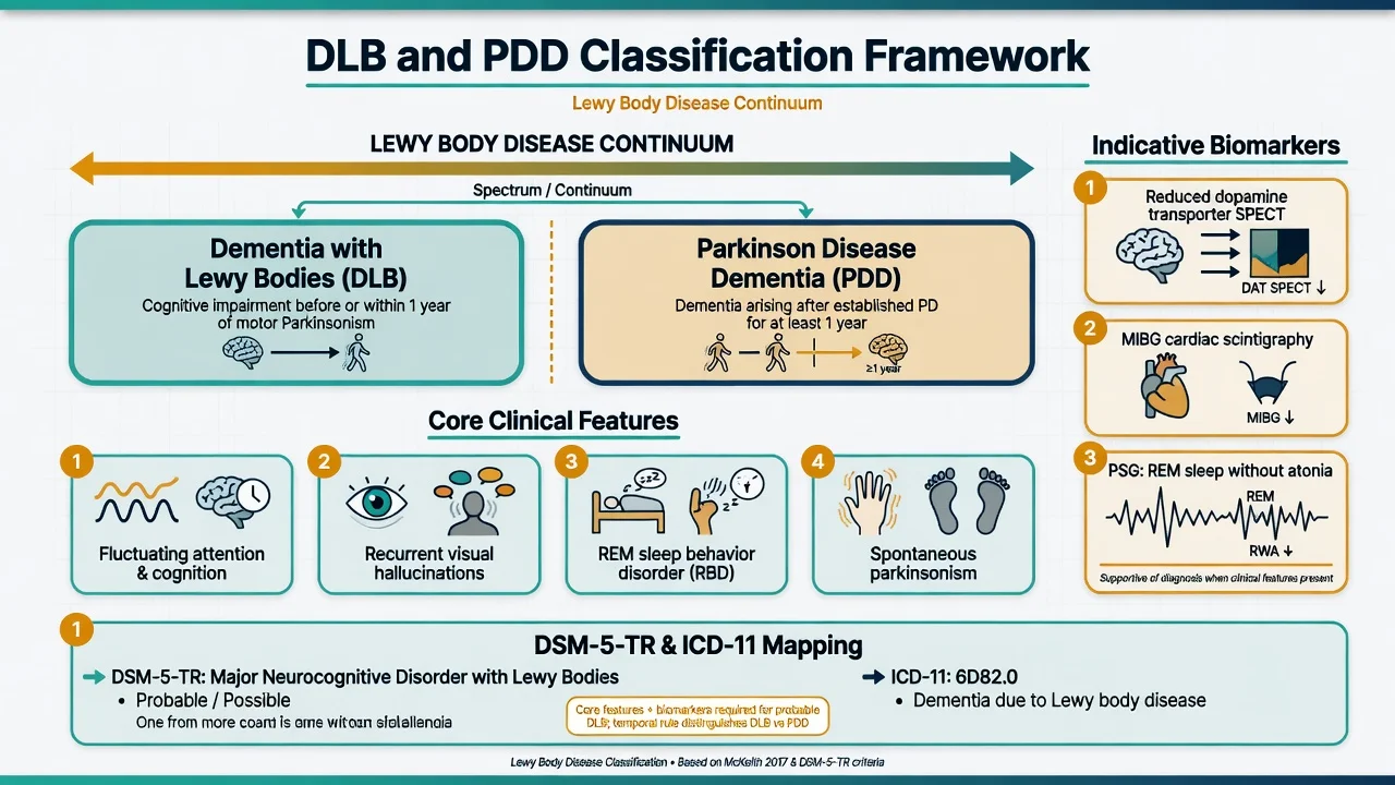 Classification framework comparing DLB and PDD on the Lewy body continuum with core features and biomarkers