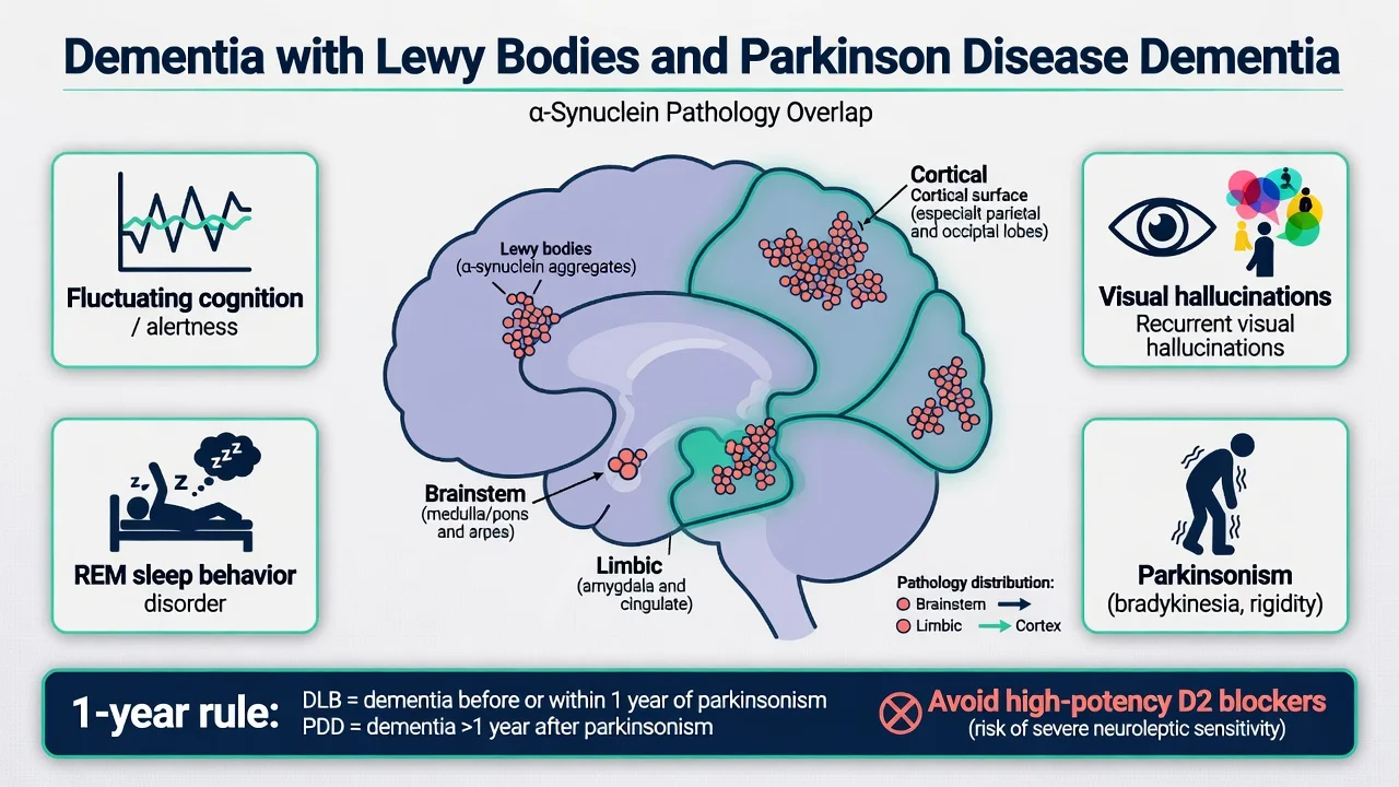 Educational overview of DLB and PDD core features, alpha-synuclein pathology, 1-year rule, and neuroleptic caution