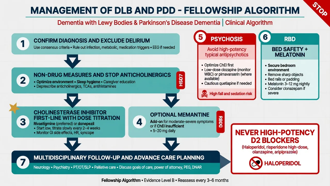 Stepwise management algorithm for DLB and PDD including ChEI first-line and antipsychotic cautions