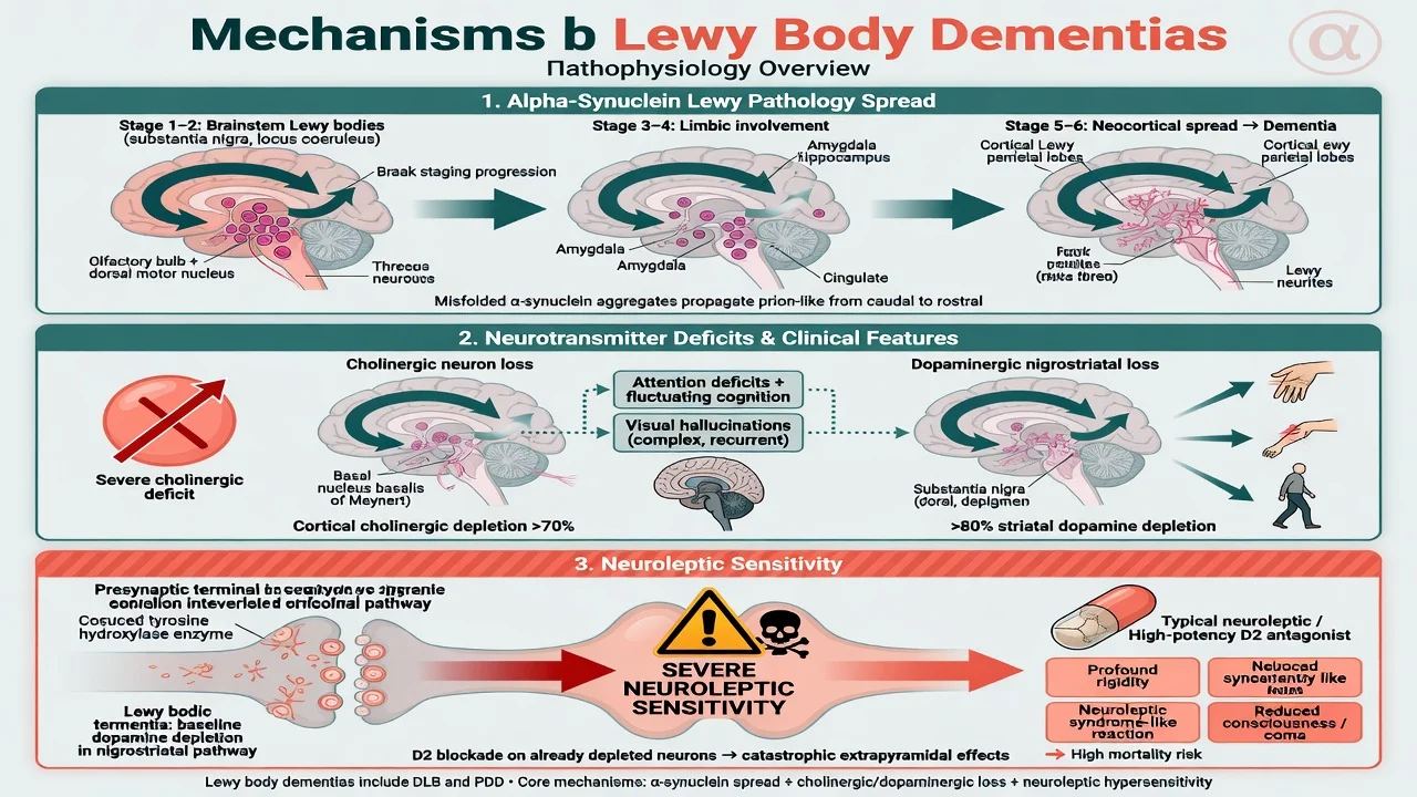 Pathophysiology panels showing alpha-synuclein spread, cholinergic and dopaminergic deficits, and neuroleptic sensitivity mechanism