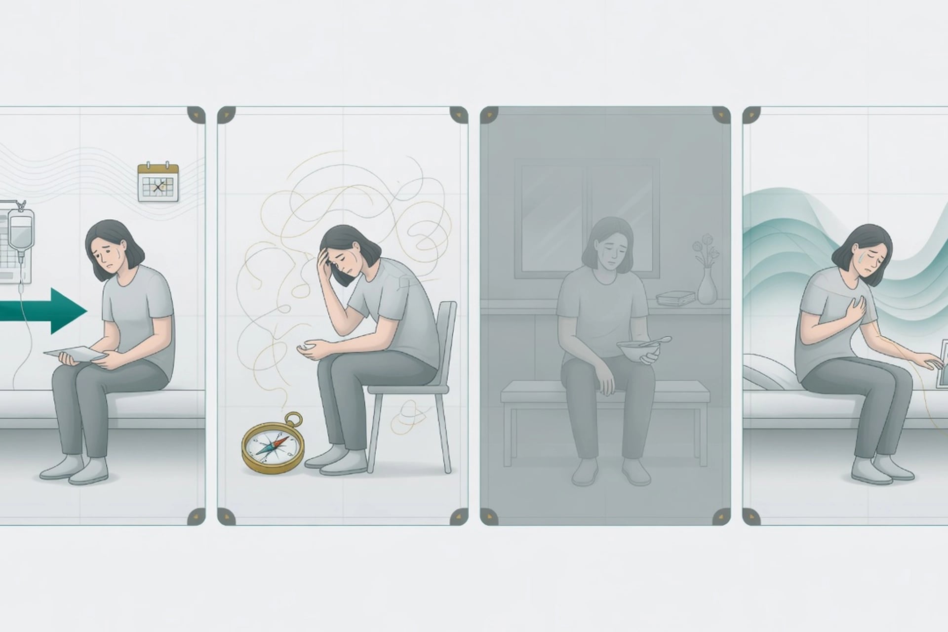 Four-panel visual map of adjustment demoralisation major depression and grief in medical illness