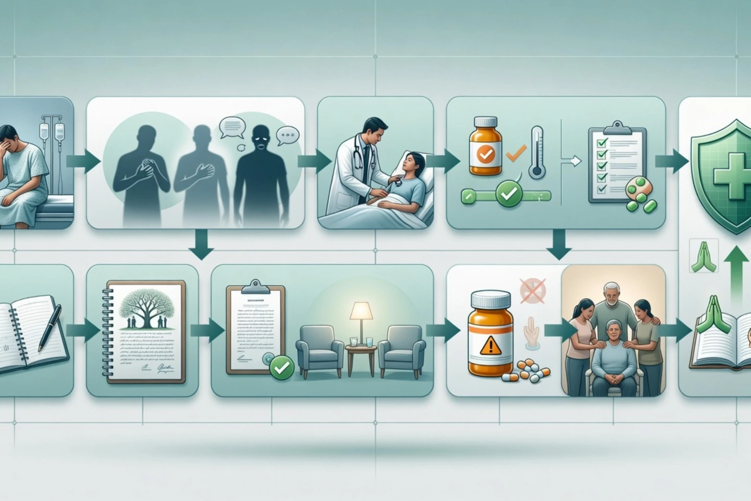 Stepwise management algorithm from screening through meaning therapies and careful antidepressants