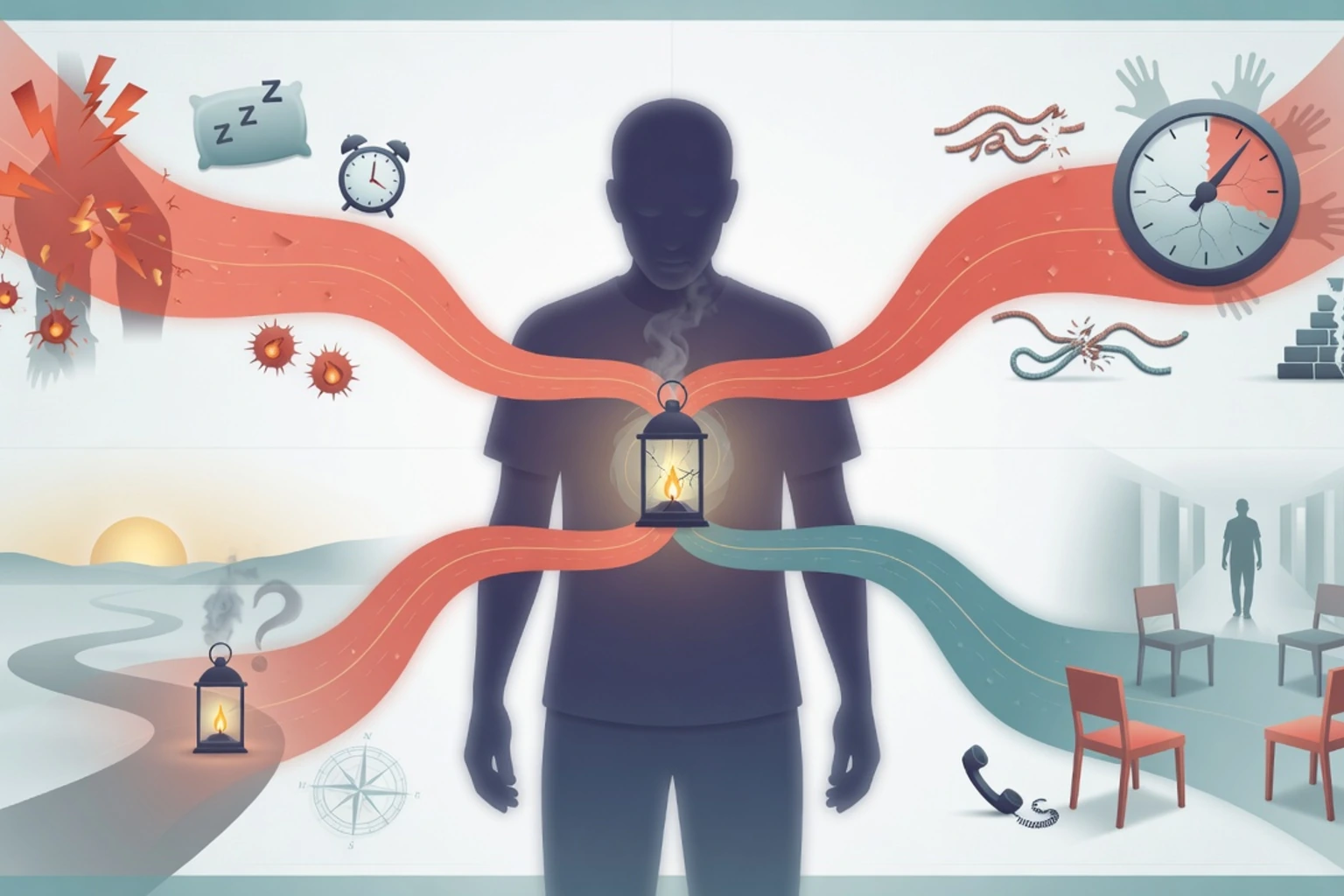 Mechanism diagram of biological psychological social and existential pathways converging on demoralisation