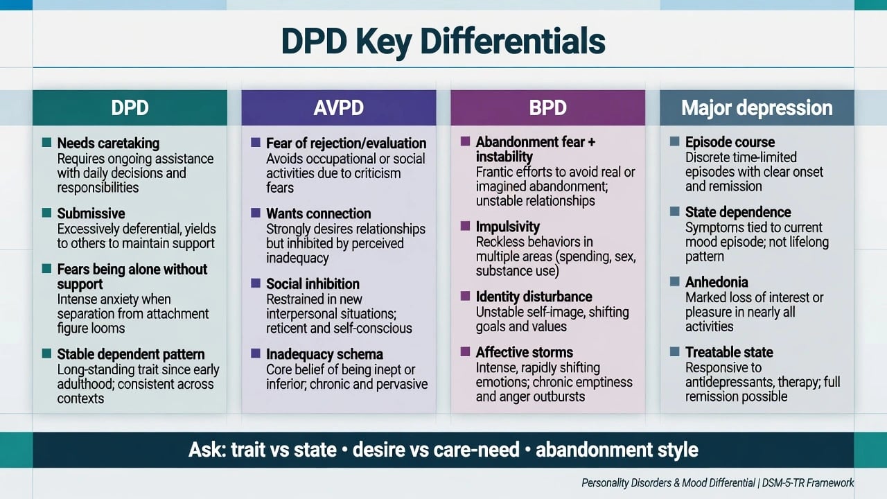 Five-step assessment framework for dependent personality disorder including history MSE risk safeguarding and formulation