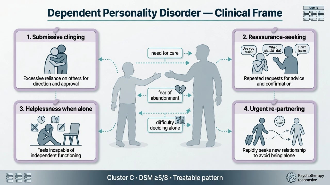 DSM-5-TR dependent personality disorder criteria map with five-of-eight threshold and ICD-11 severity plus trait domains