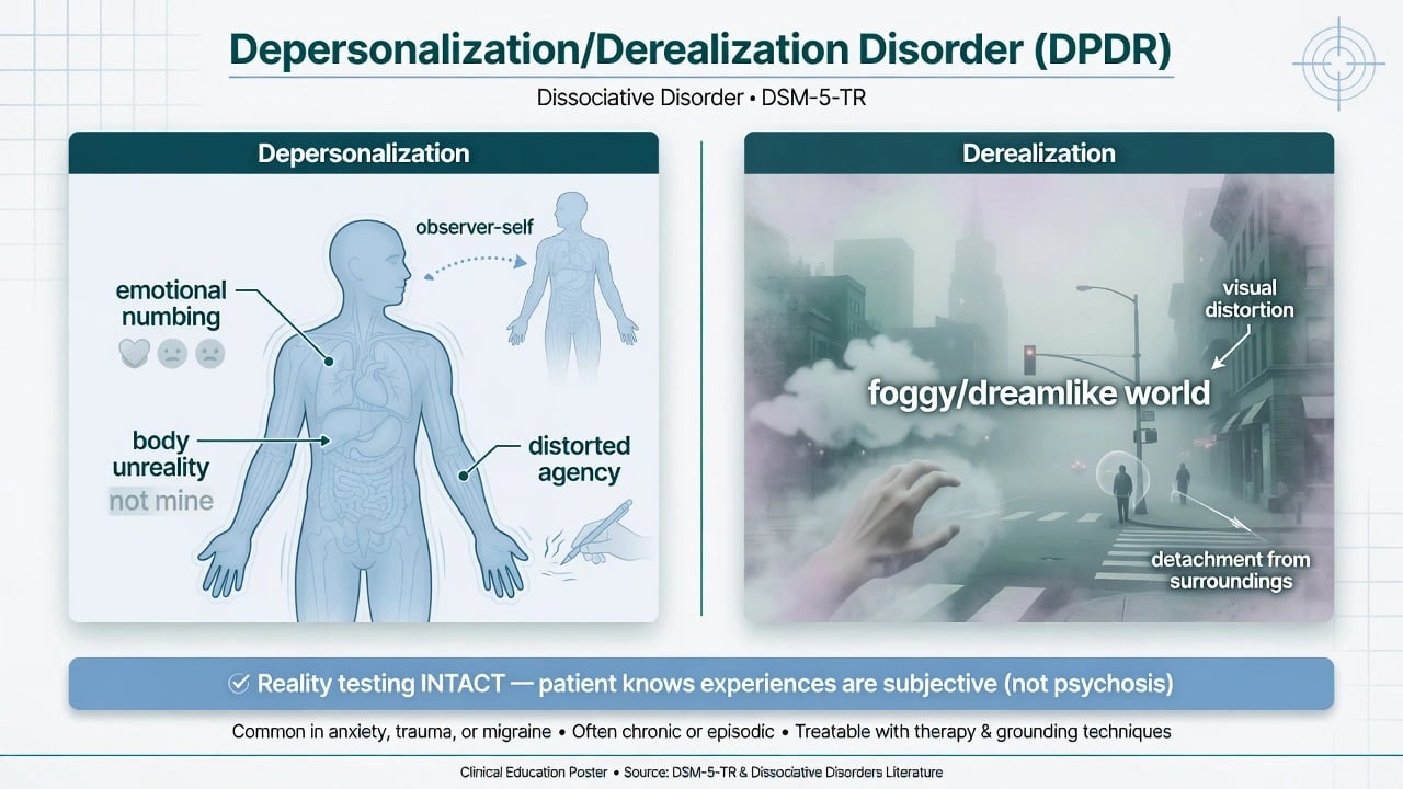 Educational overview of depersonalisation versus derealisation with intact reality testing banner