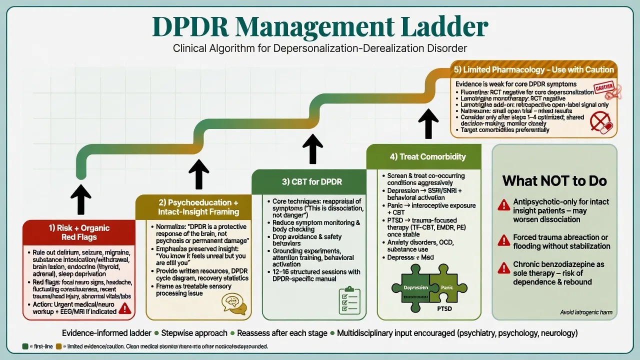 Stepped management ladder for DPDR including CBT, comorbidity treatment, and limited pharmacology with evidence caveats