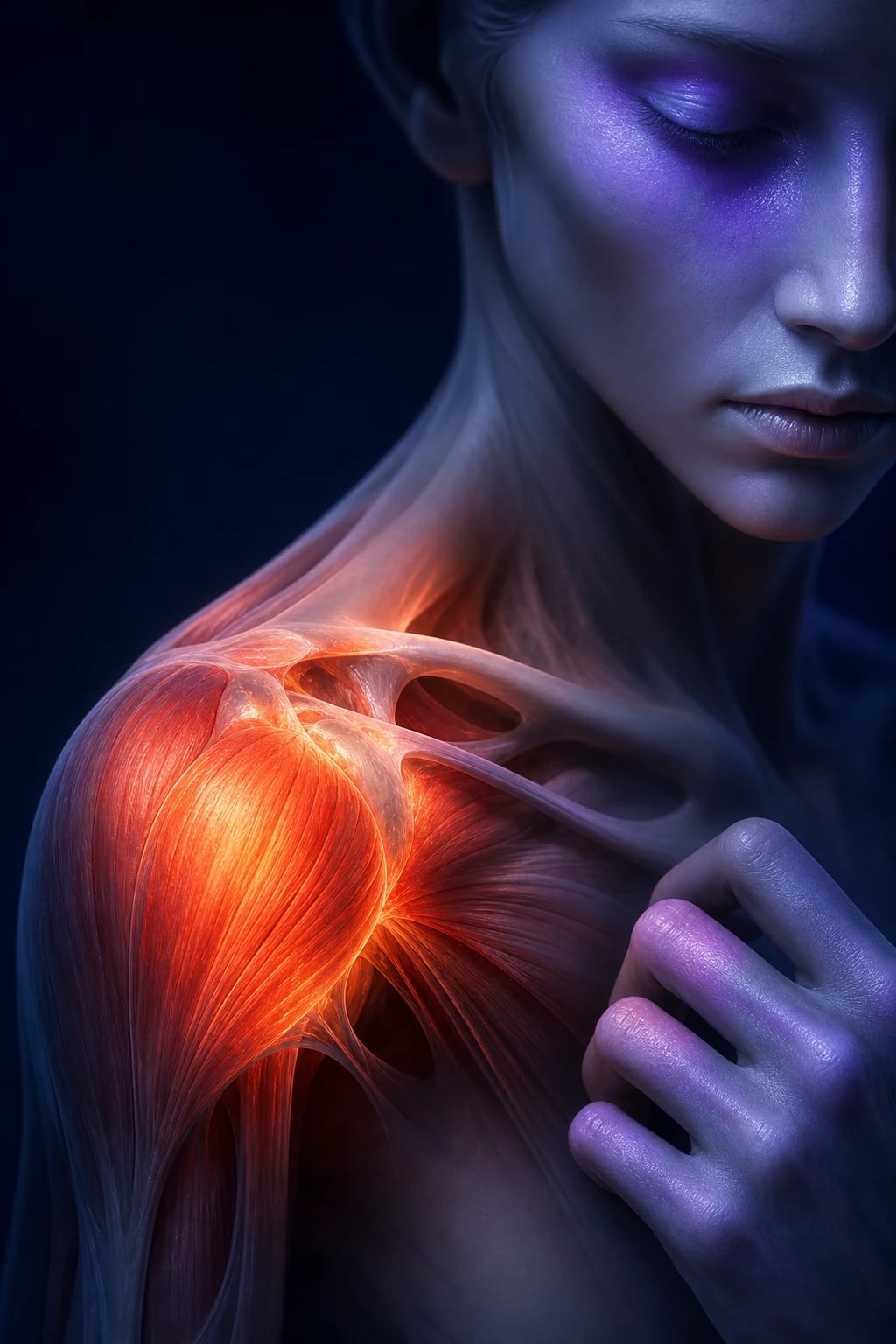Cinematic 3D close-up of an inflamed shoulder-girdle muscle with lymphocytic infiltration beside a faint violaceous periorbital heliotrope rash and scaly knuckle papules, against a deep navy background