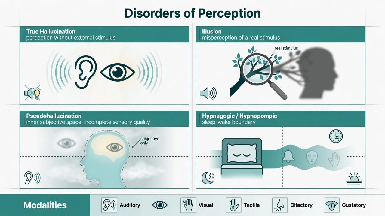 Four-panel educational diagram distinguishing true hallucination illusion pseudohallucination and hypnagogic hypnopompic phenomena with sensory modalities footer