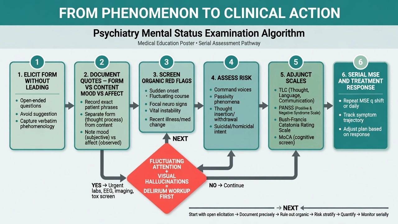 Clinical algorithm from eliciting phenomenological form without leading through documentation organic red flags risk assessment adjunct scales and serial MSE
