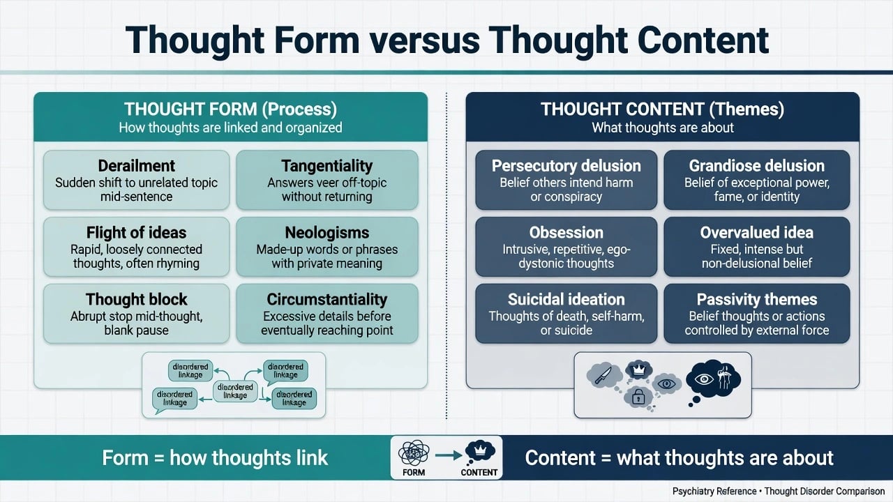 Split educational poster contrasting thought form process terms such as derailment tangentiality flight of ideas with thought content themes such as delusions obsessions and suicidal ideation