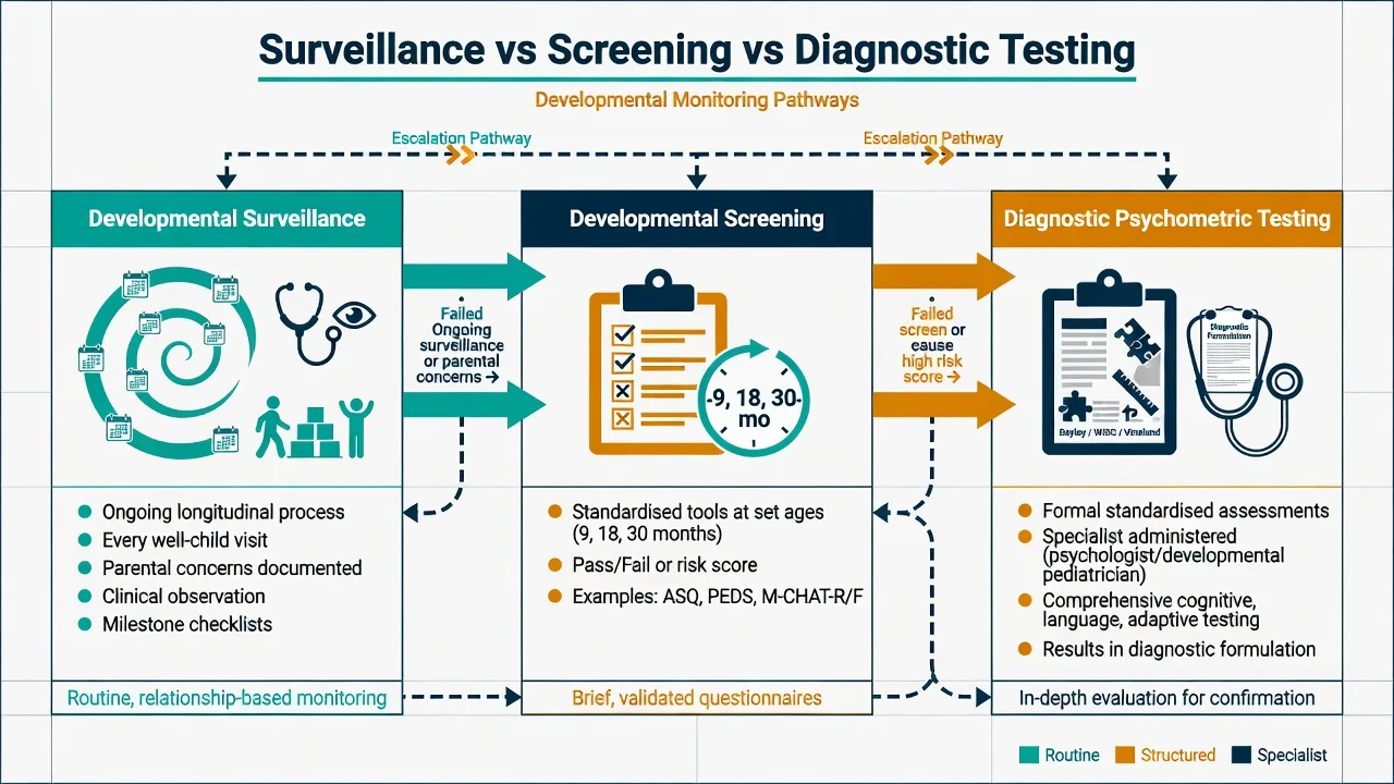 Educational three-column diagram comparing developmental surveillance screening tools and formal diagnostic psychometric testing