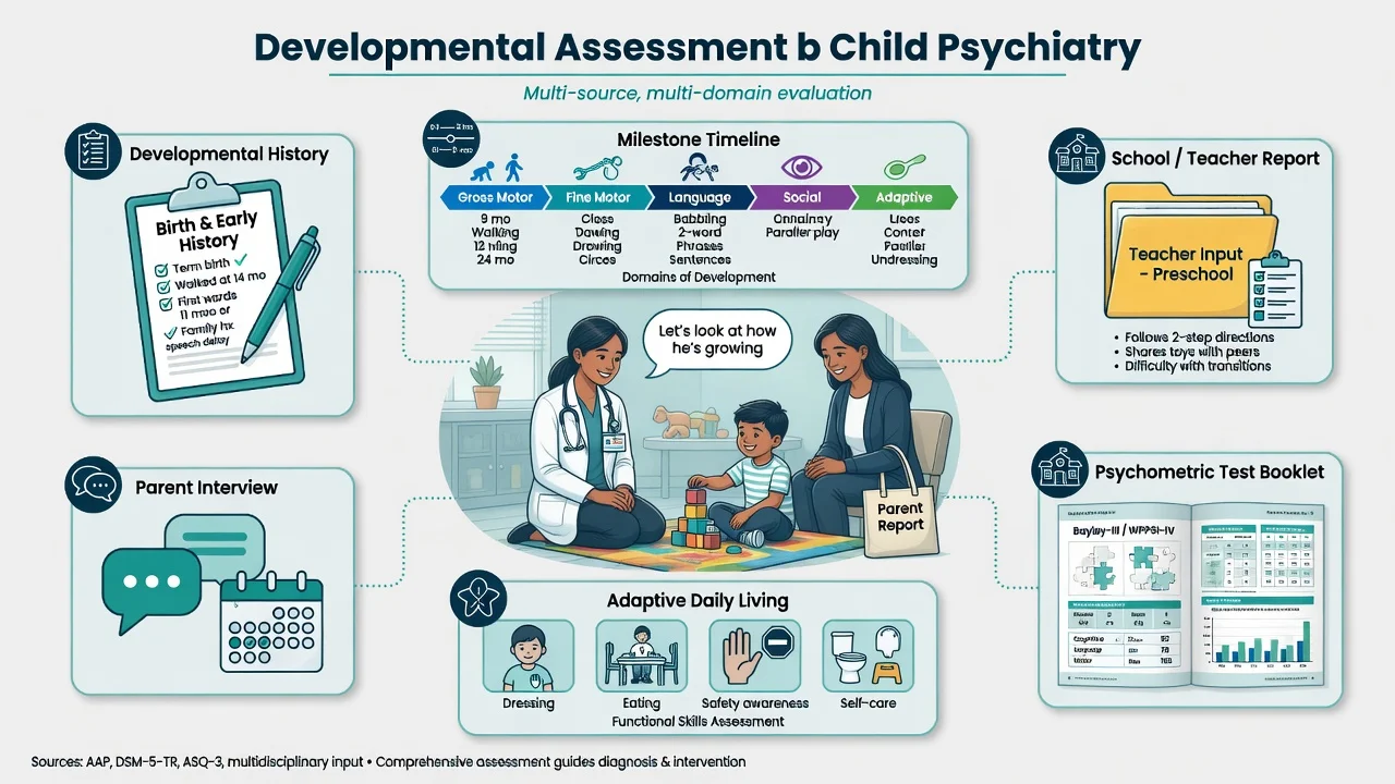 Educational overview of multi-source developmental assessment including history milestones adaptive function and psychometrics in child psychiatry