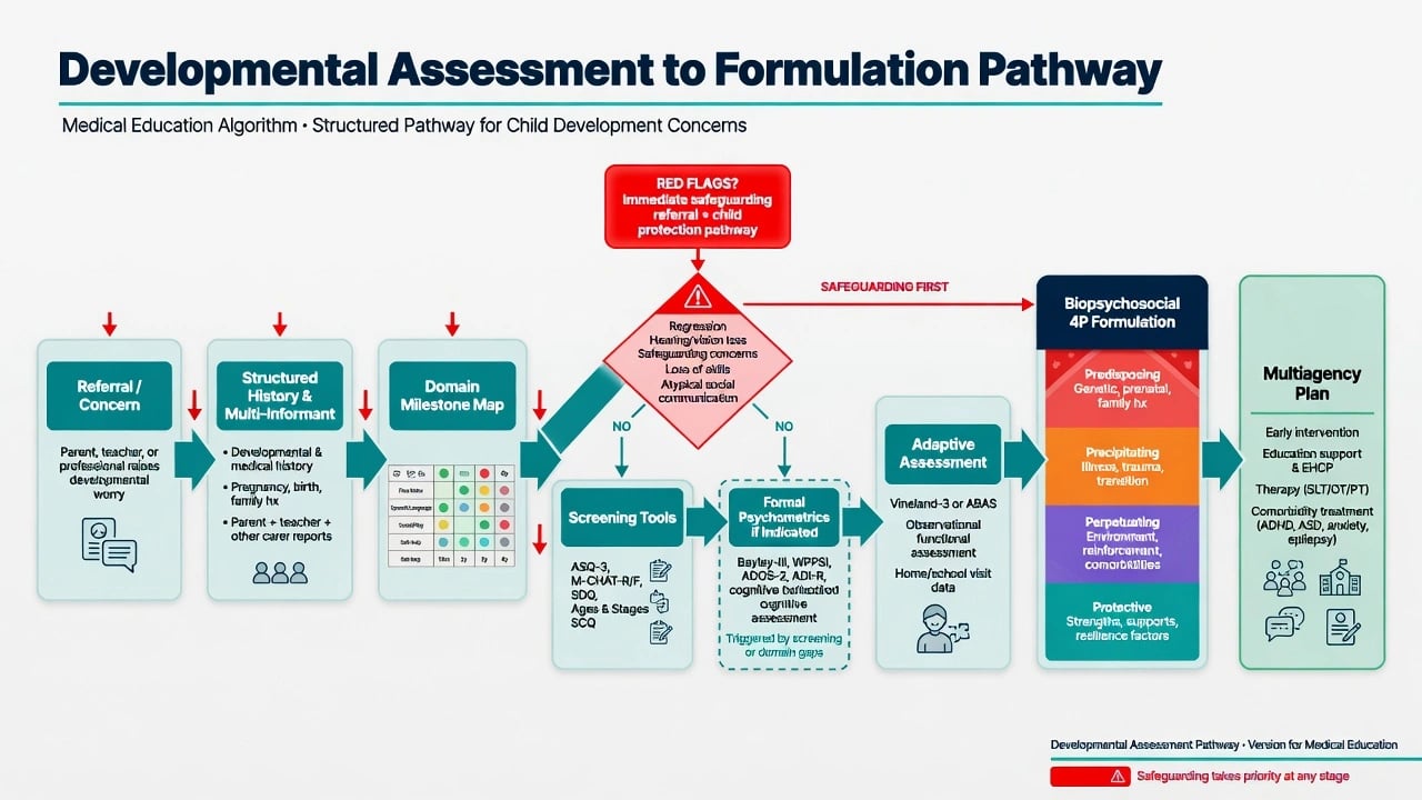 Educational flowchart from developmental referral through history screening psychometrics to 4P formulation and multiagency early intervention plan