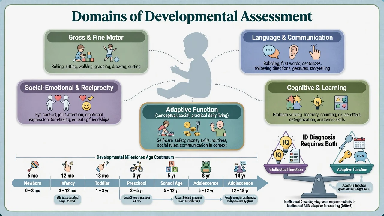 Educational diagram of developmental domains motor language cognitive social-emotional and adaptive function with intellectual and adaptive balance for ID