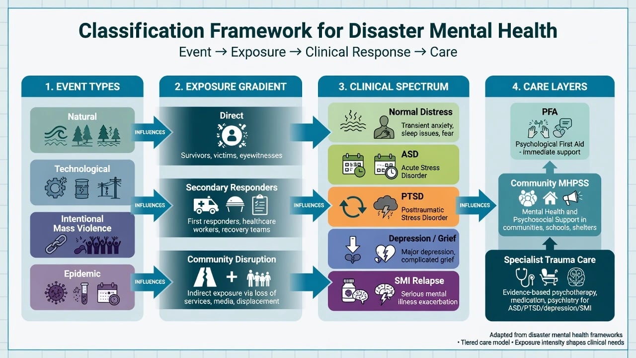 Four-column classification: event types, exposure gradient, clinical spectrum, care layers from PFA to specialist trauma care