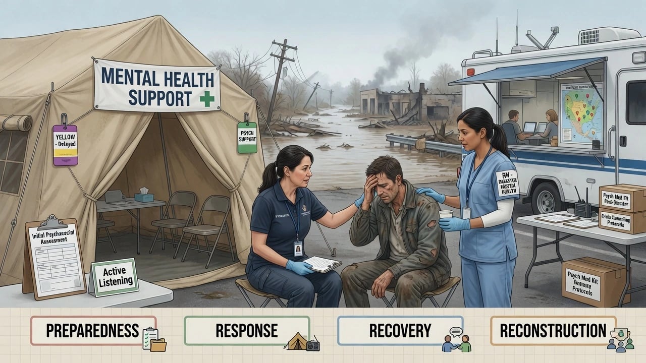 Mental health support tent and mobile command unit after flood with clinicians supporting a distressed survivor and phase labels preparedness response recovery reconstruction