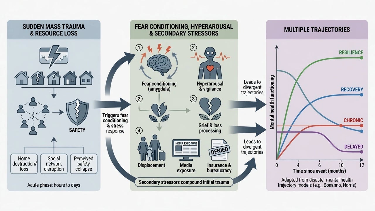 Three-panel pathway: sudden mass trauma and resource loss, fear conditioning hyperarousal grief and secondary stressors, multiple trajectories resilience recovery chronic delayed