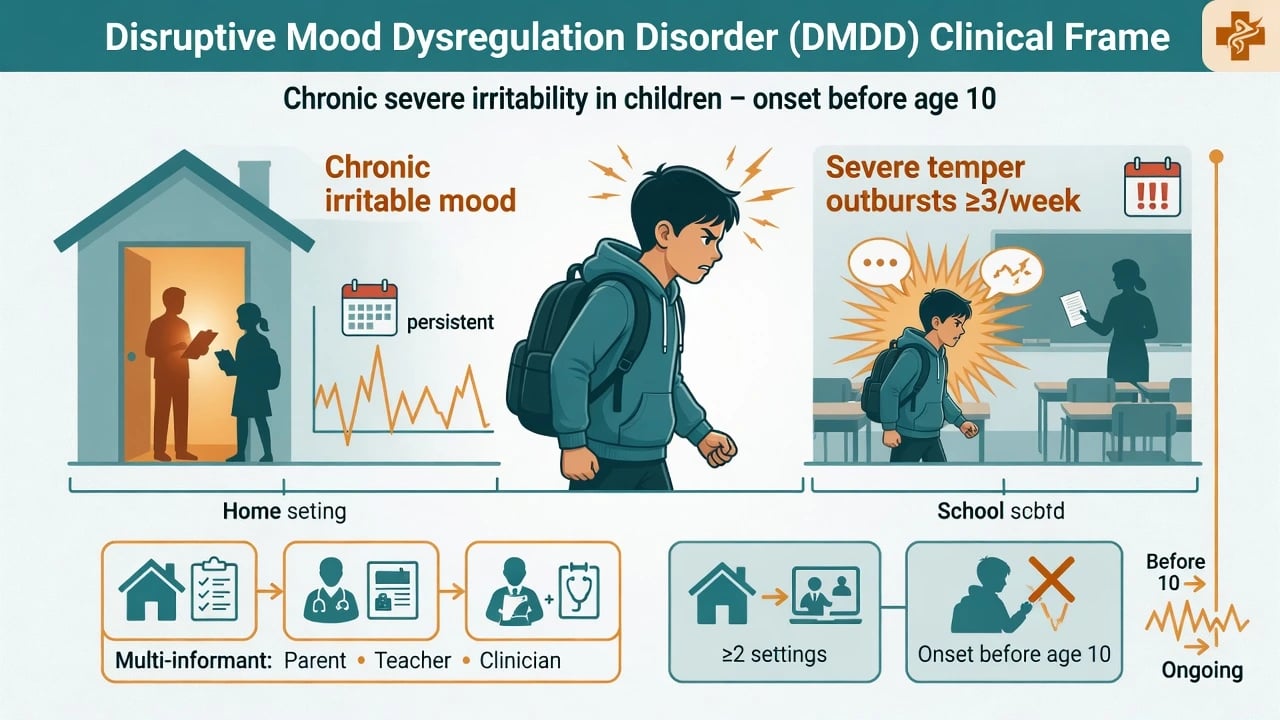 Educational illustration of DMDD with chronic irritable mood, severe temper outbursts, and multi-setting home-school impairment